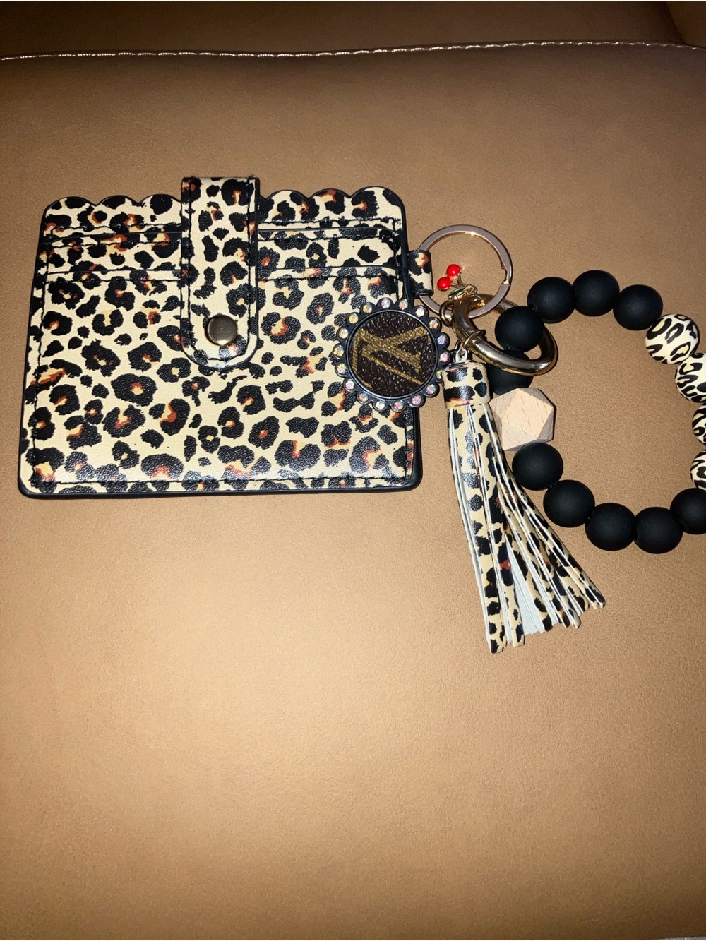 Card Holder Leopard print Wallet /Beaded wristlet with Tassel Keychain